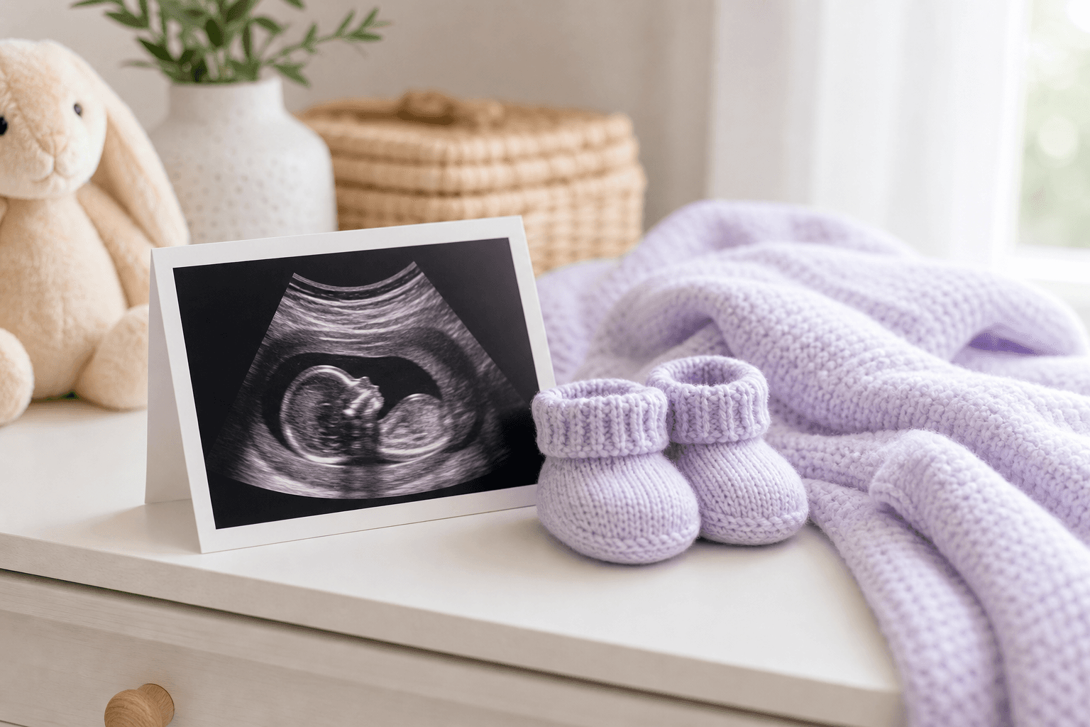 Ultrasound photo with baby socks and soft blanket