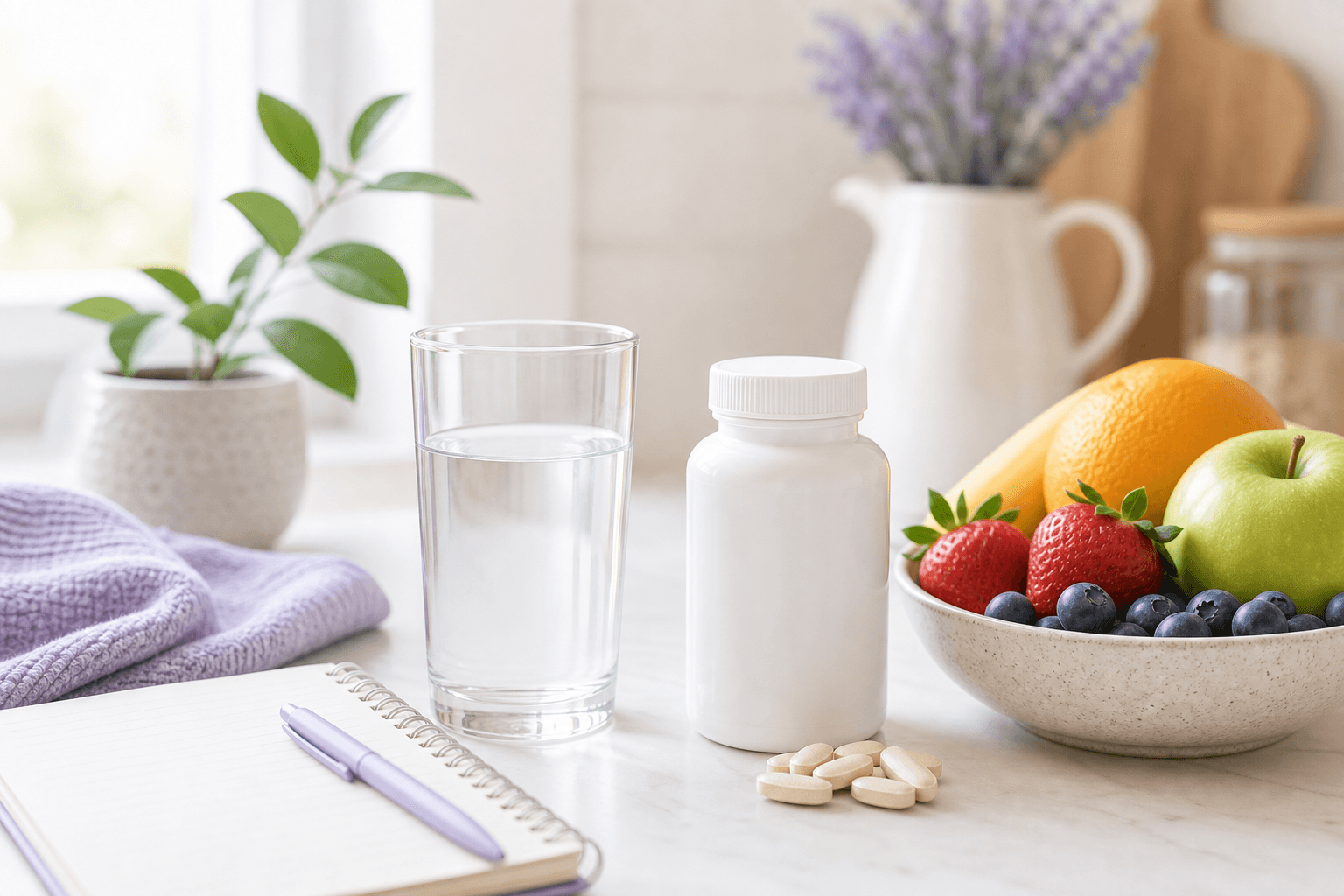 Water, fruit, prenatal vitamins, and notebook